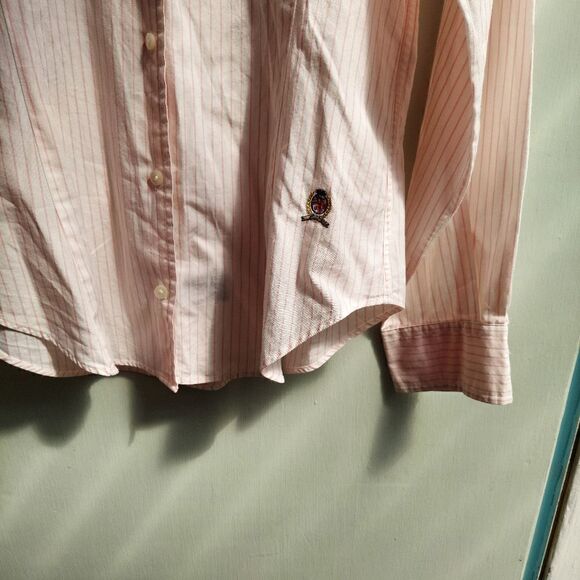 Tommy Hilfiger Striped Pink White Button Up Shirt Embroidered Logo Size 4 - Picture 4 of 6
